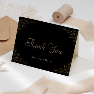 Elegant Black Gold Foliage Frame Wedding Thank You Card