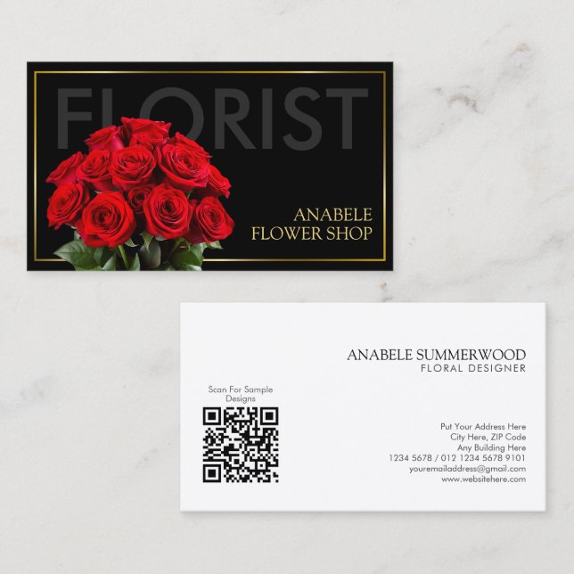 Elegant Black Gold Frame Florist with Red Roses Business Card (Front/Back)