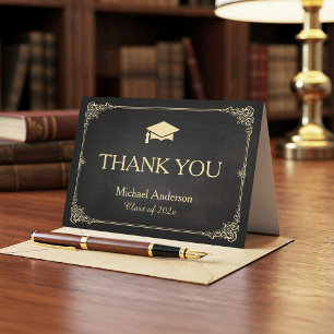 Elegant Black Gold Frame Graduation Thank You Card