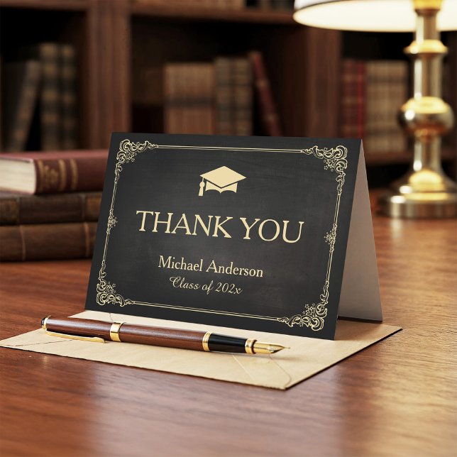 Elegant Black Gold Frame Graduation Thank You Card (Creator Uploaded)