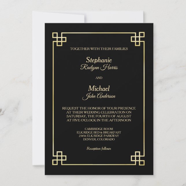 Elegant Black Gold Frame Wedding Invitation (Front)