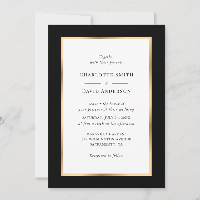 Elegant Black Gold Frame Wedding Invitation (Front)