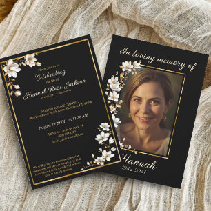 Elegant Black Gold Frame White Magnolia Memorial Invitation