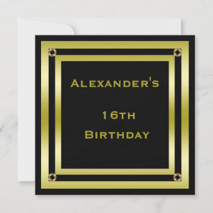 Elegant Black & Gold Framed Man's 16th Birthday Invitation