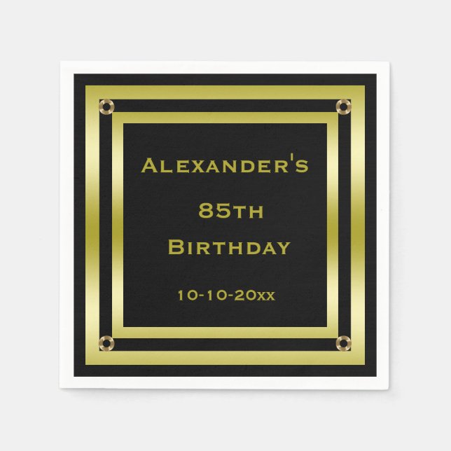 Elegant Black & Gold Framed Man's 85th Birthday Napkin (Front)