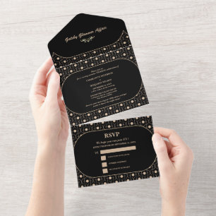 Elegant Black & Gold Gatsby Art Deco 1920s Wedding All In One Invitation