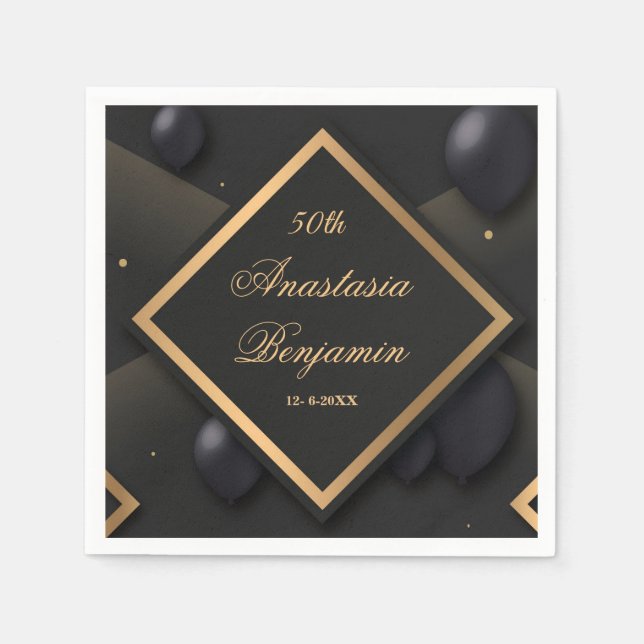 Elegant Black Gold Geometric Birthday Party Napkin (Front)
