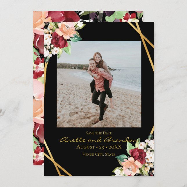 Elegant Black Gold Geometric Burgundy Floral Save The Date (Front/Back)