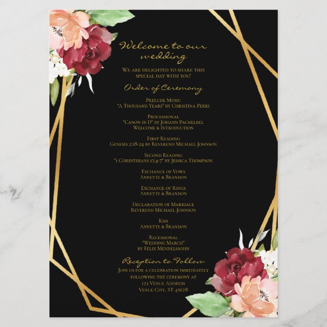 Elegant Black Gold Geometric Floral Wedding Programme (Front)