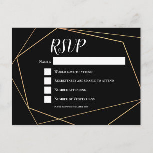 Elegant Black & Gold Geometric Frame Wedding RSVP Postcard