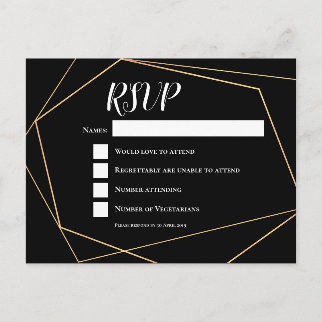 Elegant Black & Gold Geometric Frame Wedding RSVP Postcard (Front)