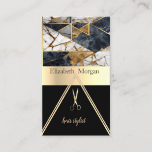 Elegant Black Gold Geometric Marble Scissors Business Card