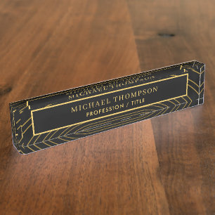 Elegant Black Gold Geometric Personalised Name Nameplate