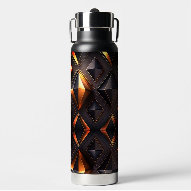 Elegant black gold geometric shapes water bottle (Front)
