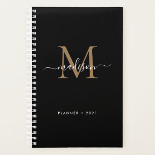 Elegant Black Gold Girly Monogram Script Name 2021 Planner