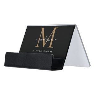 Elegant Black Gold Girly Monogram Script Name Desk Business Card Holder