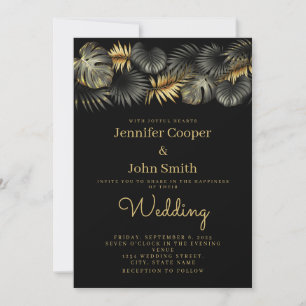 Elegant Black Gold Glam Tropical Leaf Wedding Invitation