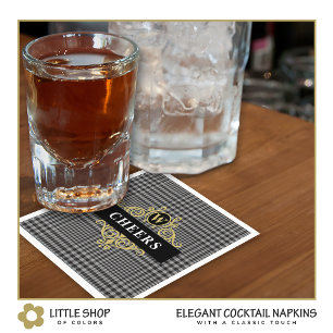 Elegant Black Gold Glen Plaid Monogram Napkin