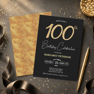 Elegant Black Gold Glitter 100th Birthday Party Invitation