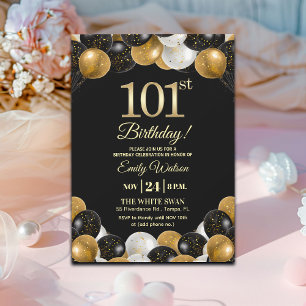Elegant Black Gold Glitter 101st Birthday Invitation
