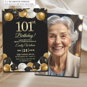 Elegant Black Gold Glitter 101st Birthday Photo Invitation