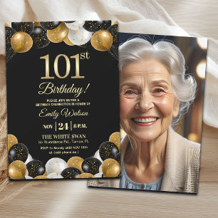Elegant Black Gold Glitter 101st Birthday Photo Invitation