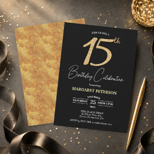 Elegant Black Gold Glitter 15th Birthday Party Invitation