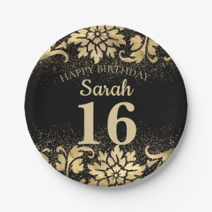 Elegant Black Gold Glitter 16th Birthday Paper Plate