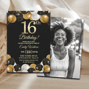 Elegant Black Gold Glitter 16th Birthday Photo Invitation