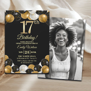 Elegant Black Gold Glitter 17th Birthday Photo Invitation
