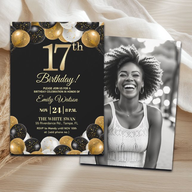 Elegant Black Gold Glitter 17th Birthday Photo Invitation (Creator Uploaded)
