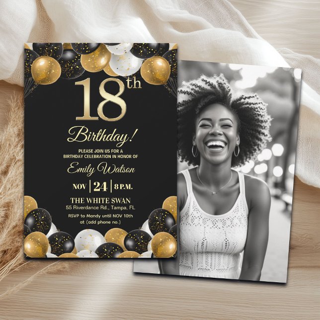 Elegant Black Gold Glitter 18th Birthday Photo Invitation (Creator Uploaded)