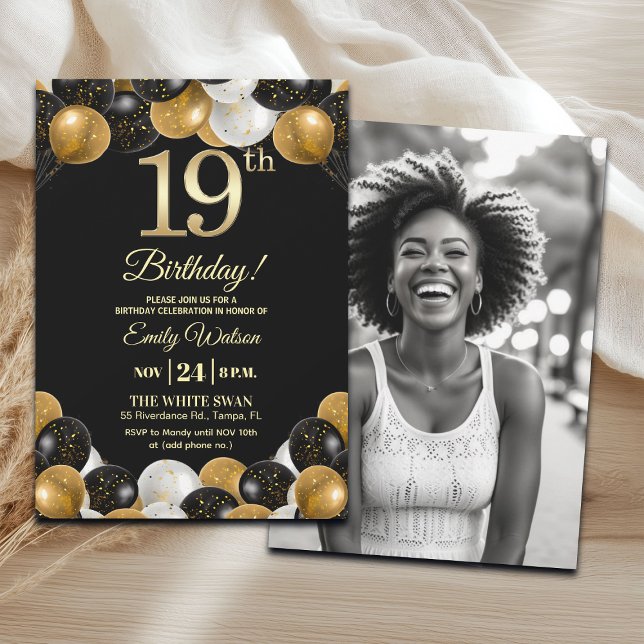 Elegant Black Gold Glitter 19th Birthday Photo Invitation (Creator Uploaded)