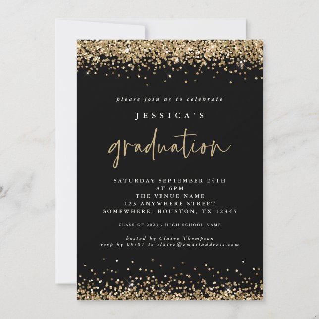 Elegant Black Gold Glitter 2024 Graduation Invitation (Front)