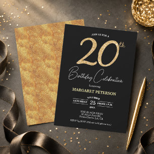 Elegant Black Gold Glitter 20th Birthday Party Invitation