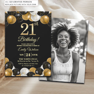 Elegant Black Gold Glitter 21st Birthday Photo Invitation