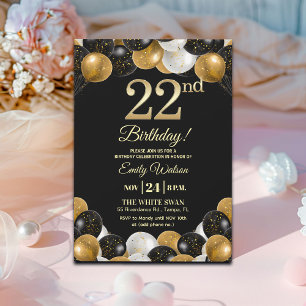 Elegant Black Gold Glitter 22nd Birthday Party Invitation
