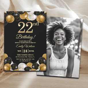 Elegant Black Gold Glitter 22nd Birthday Photo Invitation