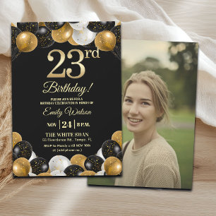 Elegant Black Gold Glitter 23rd Birthday Photo Invitation