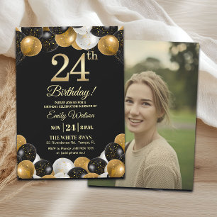 Elegant Black Gold Glitter 24th Birthday Photo Invitation
