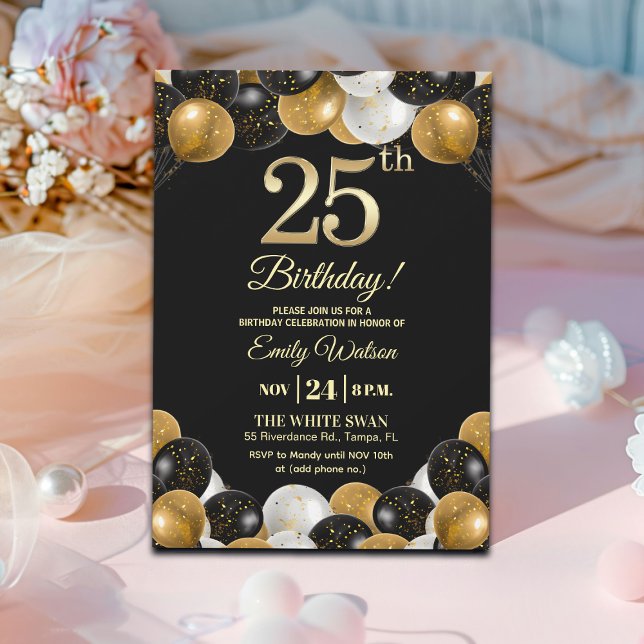 Elegant Black Gold Glitter 25th Birthday Party Invitation (Creator Uploaded)