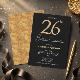 Elegant Black Gold Glitter 26th Birthday Party Invitation