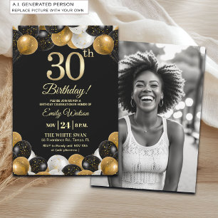 Elegant Black Gold Glitter 30th Birthday Photo Invitation