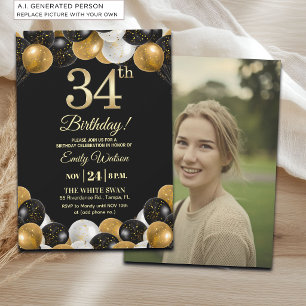 Elegant Black Gold Glitter 34th Birthday Photo Invitation