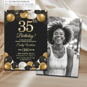 Elegant Black Gold Glitter 35th Birthday Photo Invitation