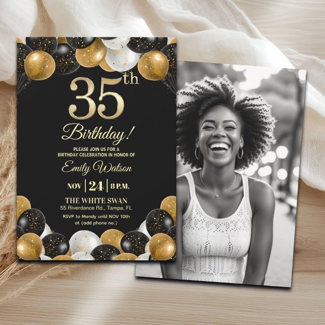 Elegant Black Gold Glitter 35th Birthday Photo Invitation (Creator Uploaded)