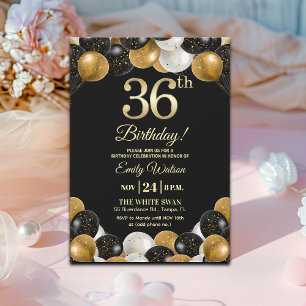 Elegant Black Gold Glitter 36th Birthday Party Invitation