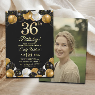 Elegant Black Gold Glitter 36th Birthday Photo Invitation