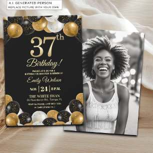 Elegant Black Gold Glitter 37th Birthday Photo Invitation