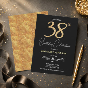 Elegant Black Gold Glitter 38th Birthday Party Invitation